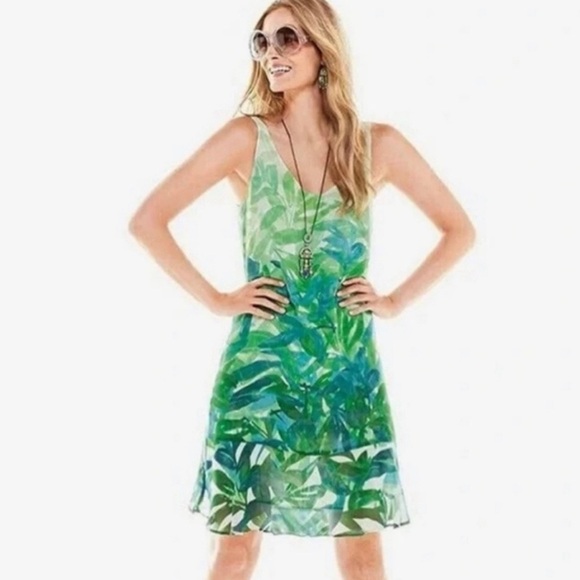 Cabi Castaway Green Palm Leaf Print Dress tropical summer flounce style# 5235 - Picture 1 of 15
